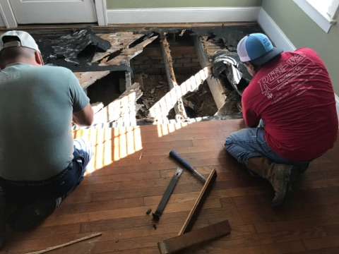 Open floor foundation repair with flooring removed inside Tyler TX home